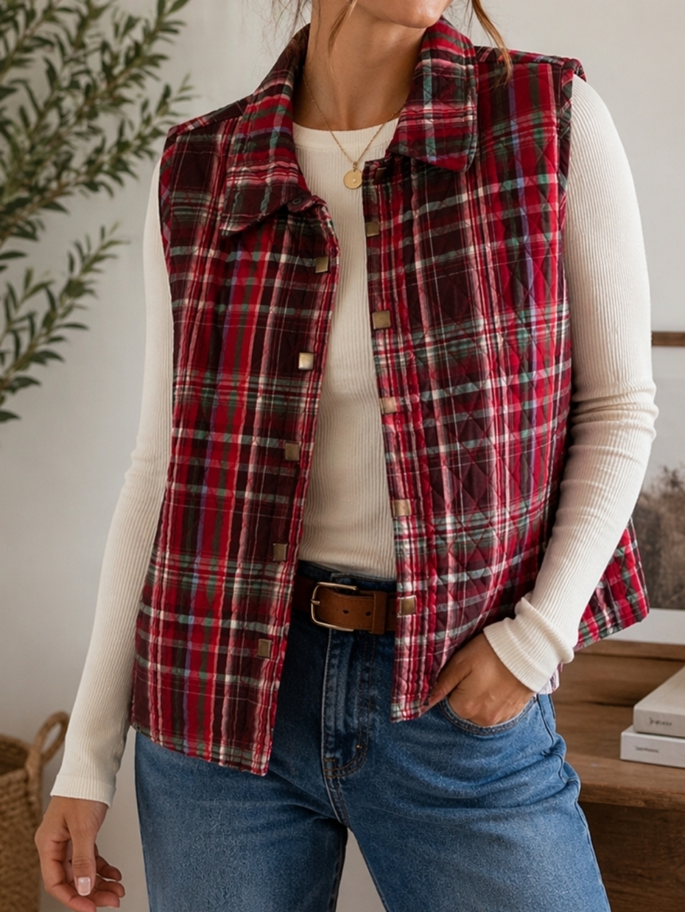 Christopher & Banks Cotton Plaid Quilted Vest Pockets inside & out Fall Cozy
